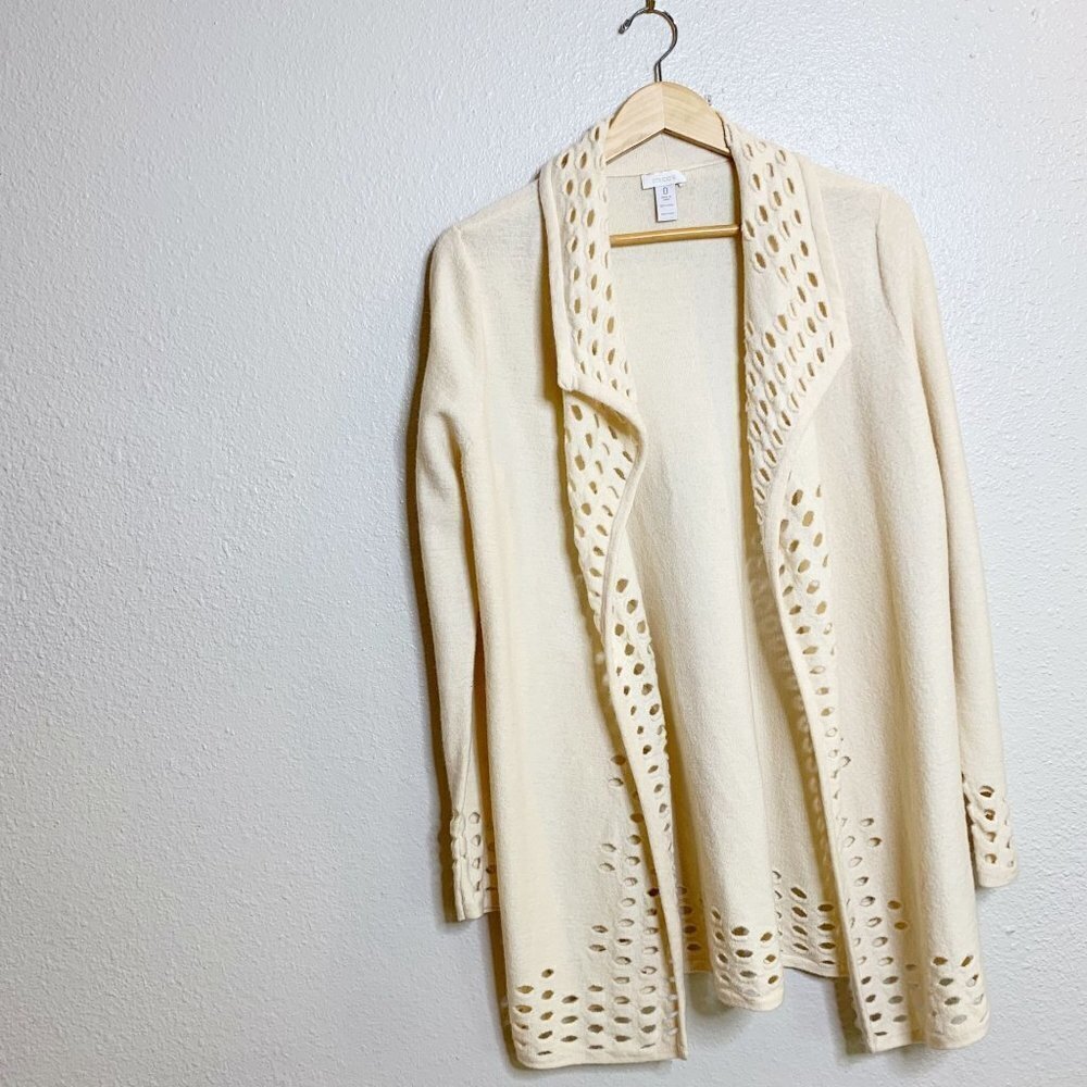 Chico's 100% Wool Longline Cardigan Ivory Perforated Cutout Detail Size 0